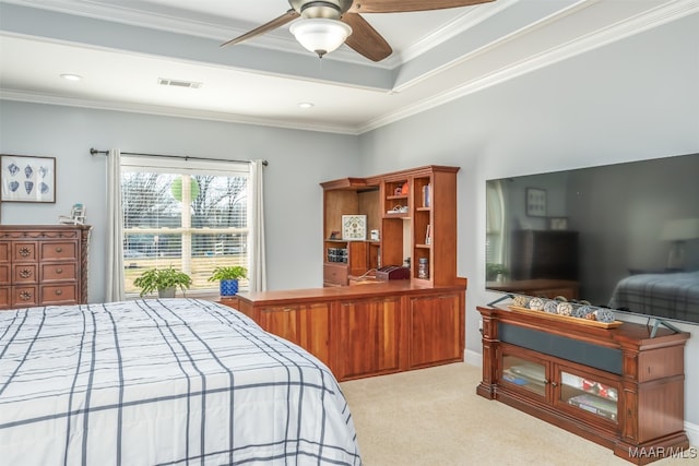 bedroom featuring light carpet, ceiling fan, and ornamental molding