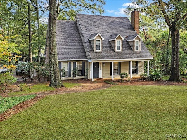 cape cod-style house featuring a porch and a front lawn