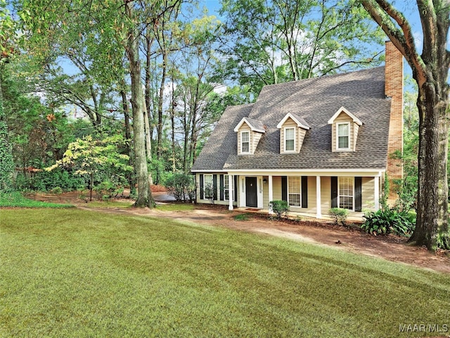 cape cod house with covered porch and a front lawn