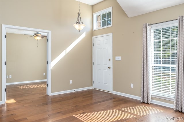 entrance foyer with hardwood / wood-style floors and ceiling fan