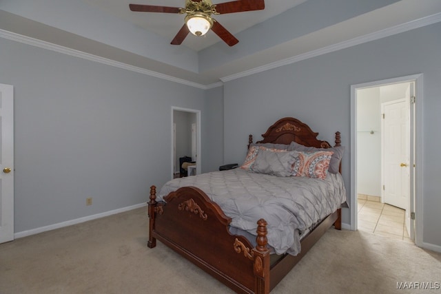 bedroom with light carpet, ceiling fan, and ornamental molding