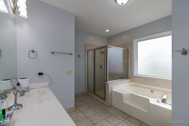 bathroom with vanity, separate shower and tub, and tile patterned floors