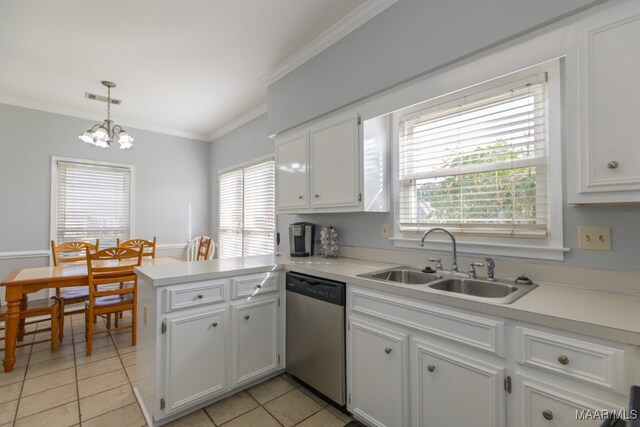 kitchen with stainless steel dishwasher, white cabinetry, kitchen peninsula, and sink