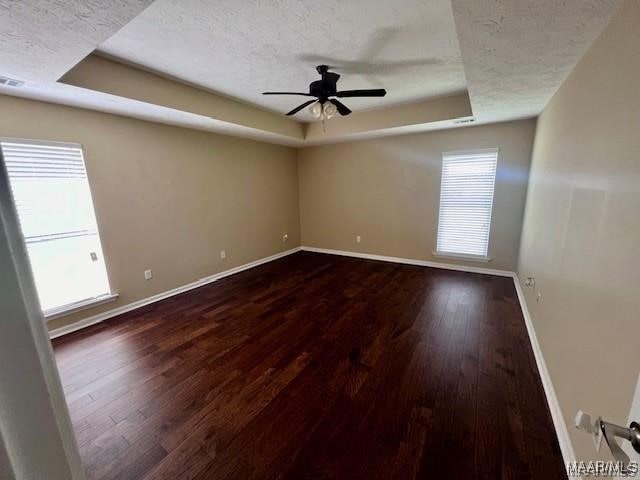 unfurnished room with a tray ceiling, a wealth of natural light, and dark hardwood / wood-style floors