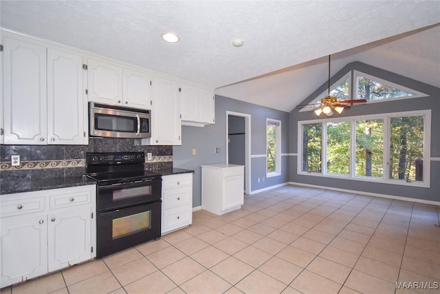 171 Griffith Ln, Tallassee, AL 36078 - kitchen featuring stainless steel microwave, double oven range, baseboards, white cabinetry, and lofted ceiling