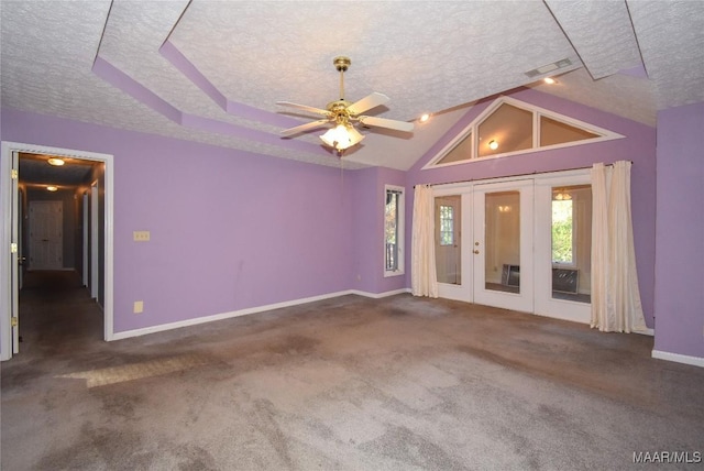 171 Griffith Ln, Tallassee, AL 36078 - carpeted empty room featuring a textured ceiling, french doors, baseboards, and a ceiling fan