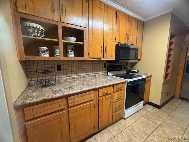 kitchen with tasteful backsplash, light tile patterned floors, ornamental molding, and range with electric cooktop