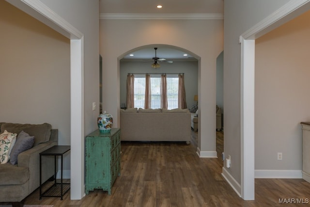 foyer with dark hardwood / wood-style floors, ceiling fan, and ornamental molding