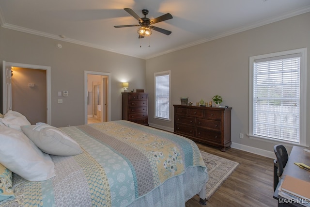 bedroom with dark hardwood / wood-style floors, ceiling fan, ornamental molding, and ensuite bathroom