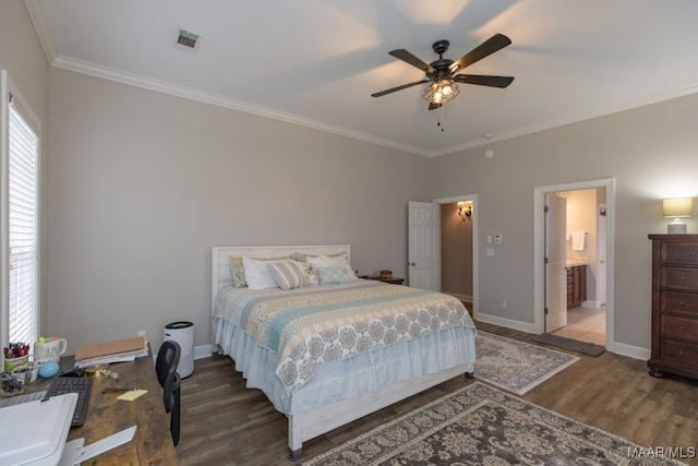 bedroom with ensuite bath, ceiling fan, ornamental molding, and hardwood / wood-style flooring