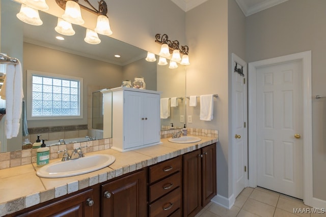 bathroom featuring backsplash, tile patterned floors, ornamental molding, vanity, and plus walk in shower