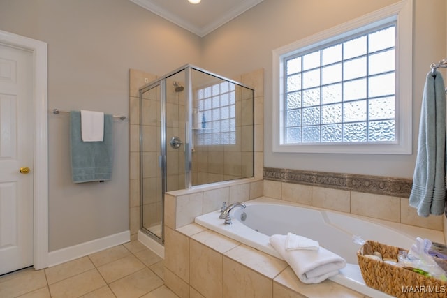 bathroom featuring tile patterned flooring, independent shower and bath, and crown molding