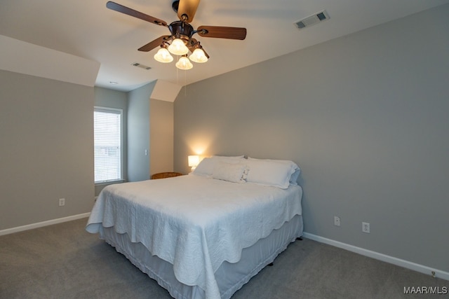 bedroom featuring ceiling fan and carpet floors