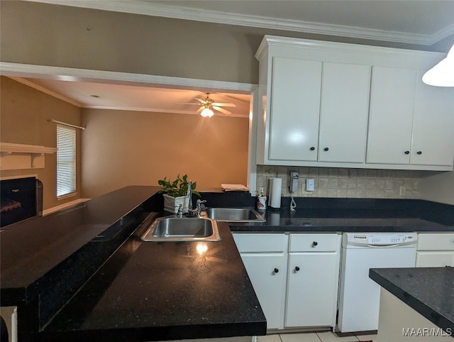 kitchen with white cabinetry, dishwasher, and ornamental molding