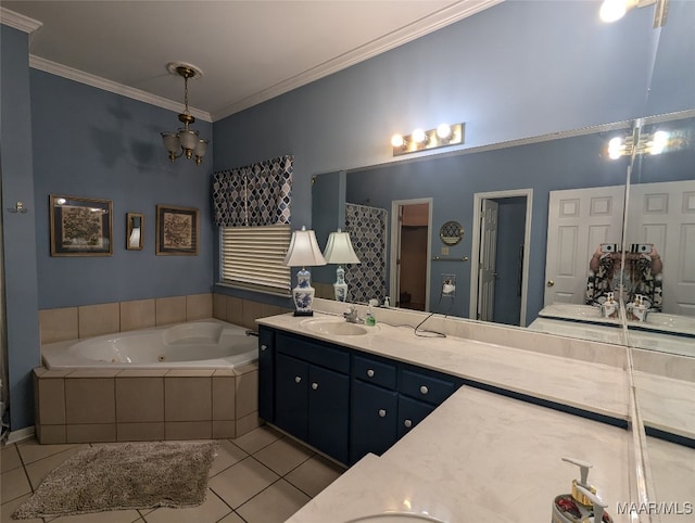 bathroom with tile patterned flooring, vanity, separate shower and tub, and crown molding