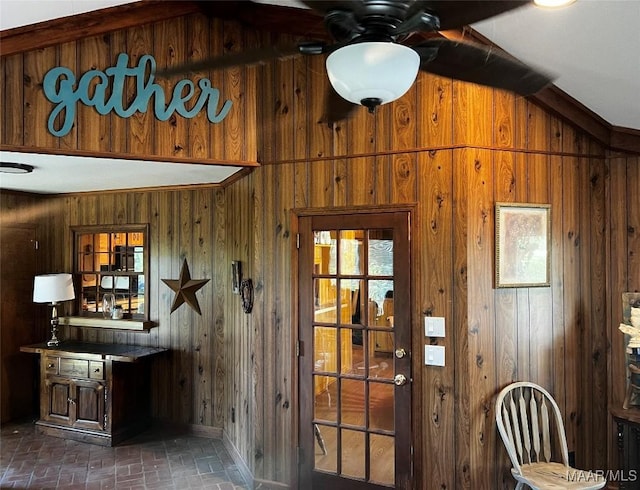 10521 US Highway 31, Hope Hull, AL 36043 - dining room with wooden walls, brick flooring, and ceiling fan