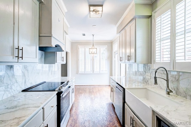 kitchen with stainless steel appliances, a sink, custom exhaust hood, dark wood finished floors, and crown molding