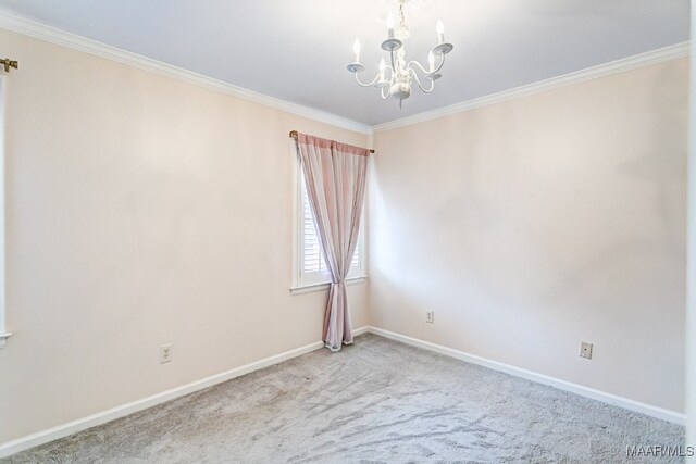 carpeted empty room featuring baseboards, an inviting chandelier, and crown molding