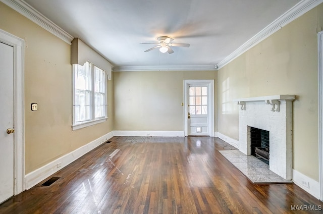 unfurnished living room featuring a fireplace, ceiling fan, hardwood / wood-style floors, and crown molding