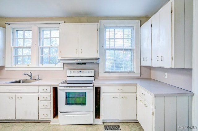 kitchen featuring white cabinets, sink, and white electric stove