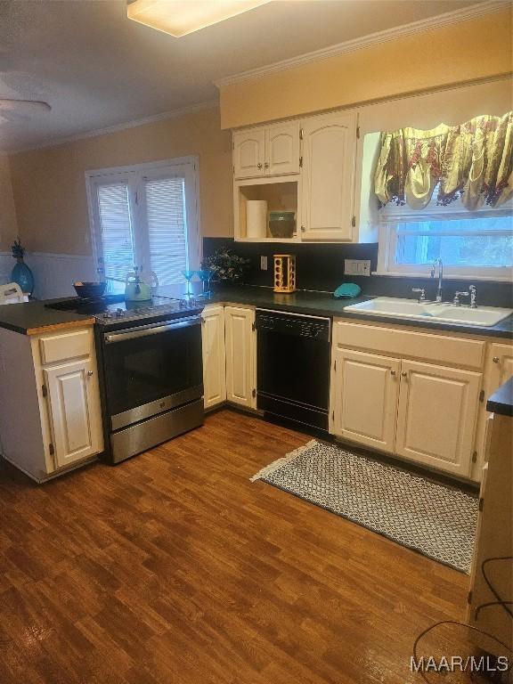 kitchen featuring dishwasher, stainless steel electric stove, dark wood-type flooring, sink, and white cabinetry