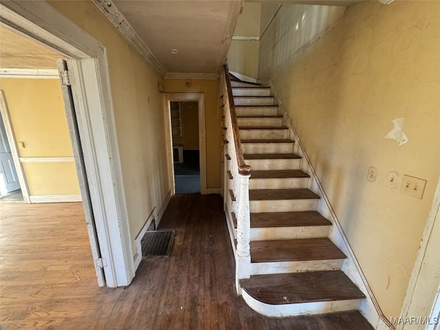 staircase featuring wood-type flooring and ornamental molding