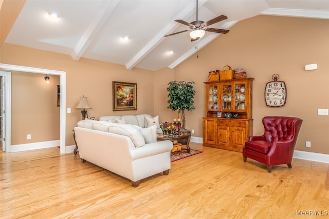 living room featuring light wood-type flooring, lofted ceiling with beams, and ceiling fan