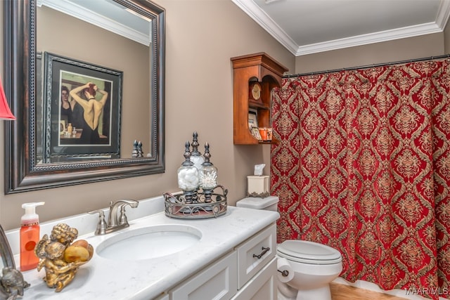 bathroom featuring a shower with curtain, vanity, toilet, and crown molding