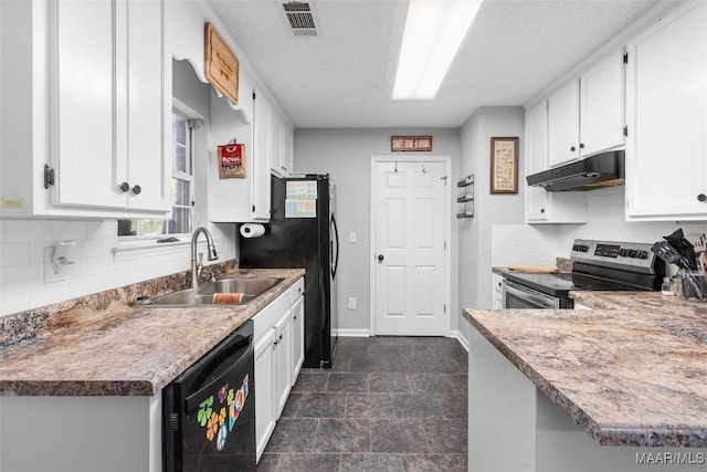 kitchen with white cabinetry, sink, black appliances, and a textured ceiling