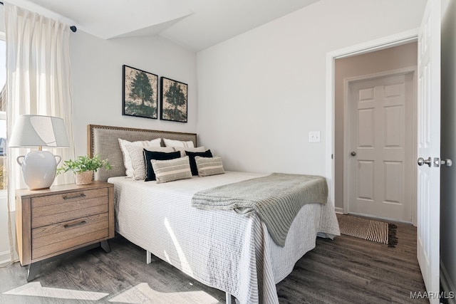 bedroom with dark hardwood / wood-style flooring and lofted ceiling