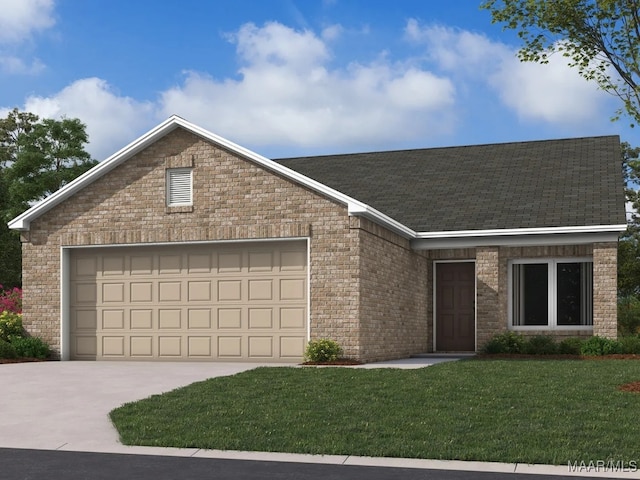 view of front of home featuring a front lawn and a garage