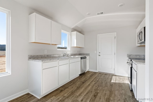 kitchen featuring white cabinets, appliances with stainless steel finishes, dark hardwood / wood-style flooring, sink, and vaulted ceiling