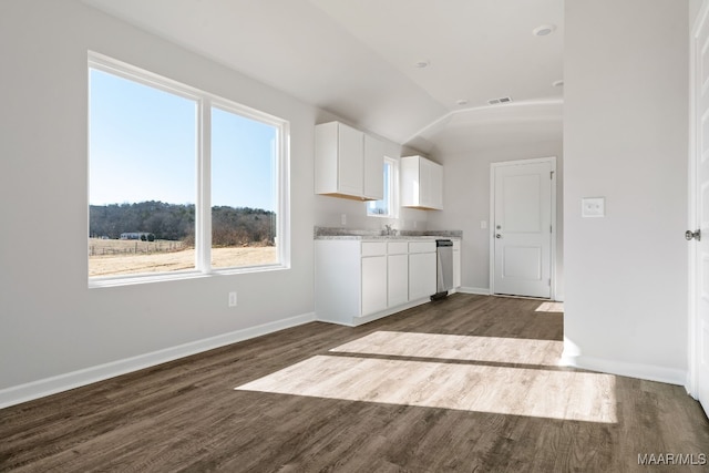 kitchen featuring dark wood-type flooring, a wealth of natural light, lofted ceiling, and white cabinets