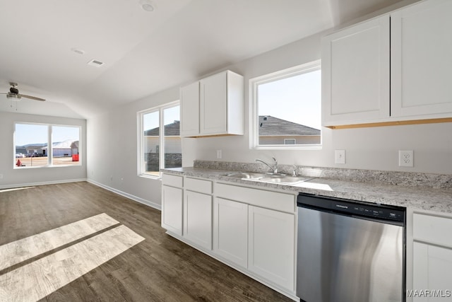 kitchen with white cabinets, dark wood-type flooring, sink, ceiling fan, and stainless steel dishwasher