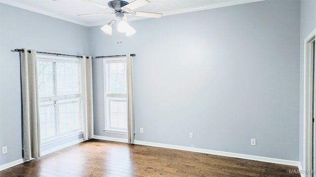 unfurnished room featuring hardwood / wood-style flooring, ceiling fan, and ornamental molding