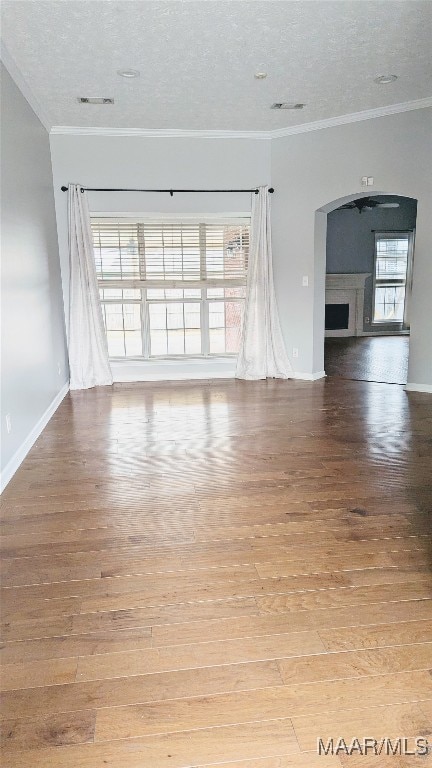 empty room featuring plenty of natural light, a textured ceiling, and hardwood / wood-style flooring