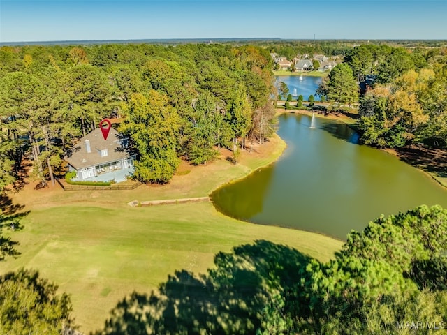 drone / aerial view featuring a water view