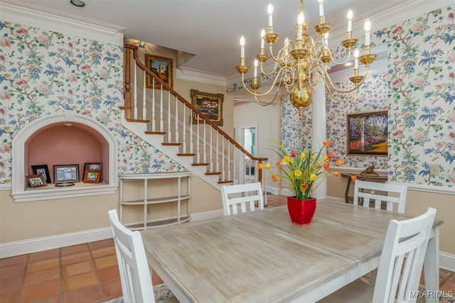 tiled dining room with an inviting chandelier and ornamental molding