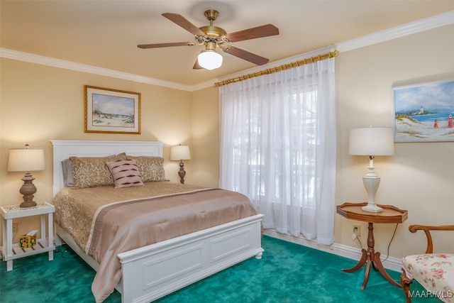 bedroom with ceiling fan, crown molding, and dark carpet