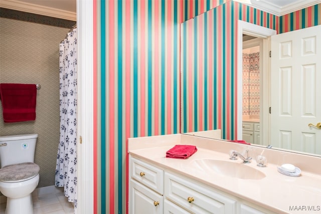 bathroom with a shower with curtain, vanity, crown molding, tile patterned flooring, and toilet