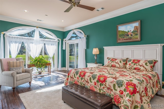 bedroom with access to exterior, ceiling fan, dark hardwood / wood-style flooring, and ornamental molding