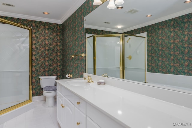 bathroom featuring vanity, crown molding, tile patterned flooring, toilet, and walk in shower