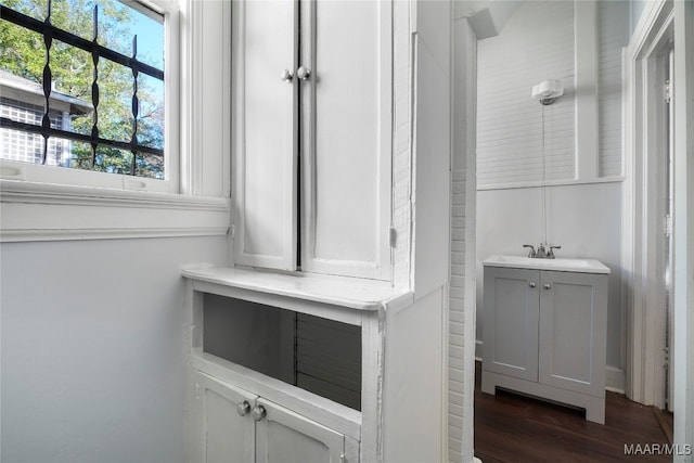 details featuring hardwood / wood-style floors and vanity