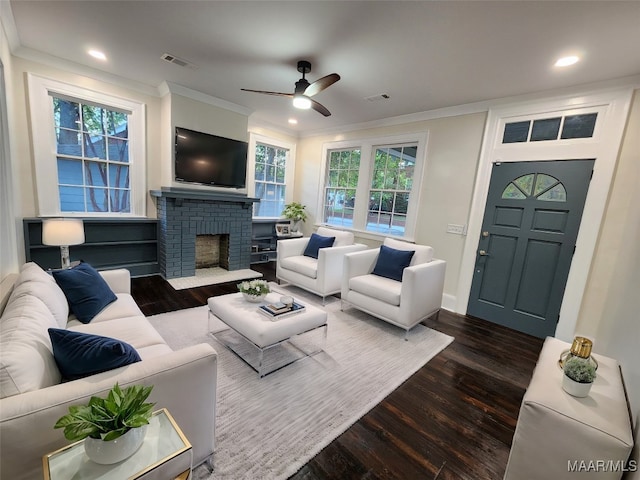 living room with a fireplace, ornamental molding, dark wood-type flooring, and a healthy amount of sunlight