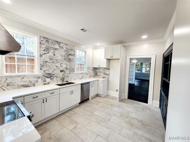 kitchen featuring a wealth of natural light, white cabinetry, sink, and stainless steel dishwasher