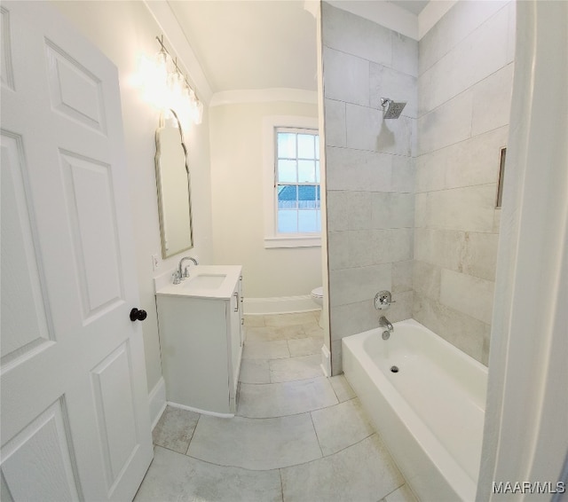 full bathroom with tile patterned flooring, vanity, toilet, and tiled shower / bath combo