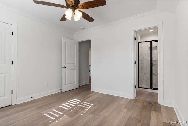 unfurnished bedroom with ceiling fan, ornamental molding, and light wood-type flooring