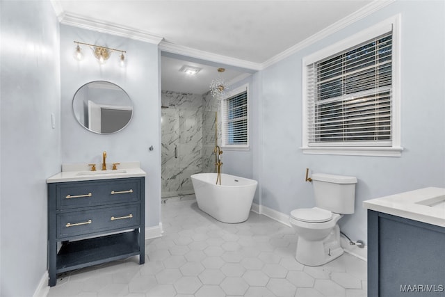 full bathroom featuring vanity, tile patterned flooring, toilet, ornamental molding, and independent shower and bath