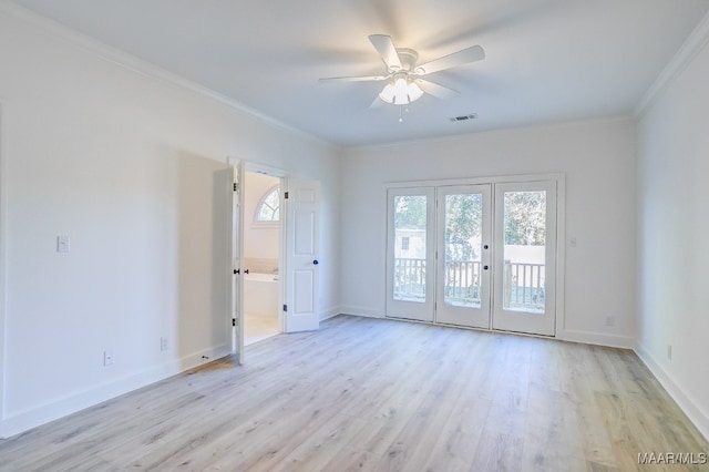 spare room with crown molding, light hardwood / wood-style floors, french doors, and ceiling fan