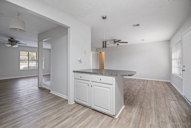 kitchen featuring white cabinets, pendant lighting, and light wood-type flooring